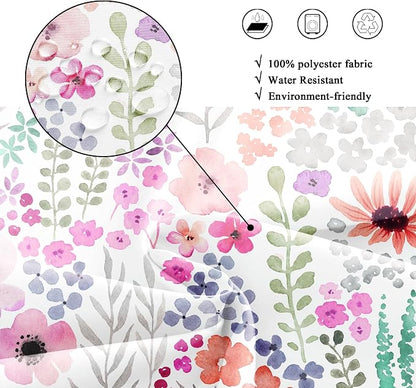 Small Stall Narrow Purple Floral Stand Up Half Bathroom Shower Curtain Set | 72"W x 72"H Single Flowers; waterproof HD print, quick-dry fabric with 12 hooks for easy hanging.