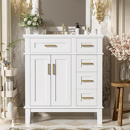 Favfurish 30" Bathroom Vanity with Ceramic Sink, Modern Storage Cabinet with Soft-Close Doors,Deep Drawer & Standard Drawer, Stylish Bath Vanity for Small Bathroom,Easy Assembly,White