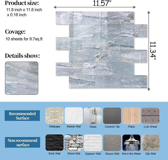2026 New Upgrade Peel and Stick Backsplash Tile, Peel and Stick 11.34" X 11.57" Wall Tile for Kitchen, Bathroom, Fireplace, Laundry (Polished Marble Cyan, 10 Packs)