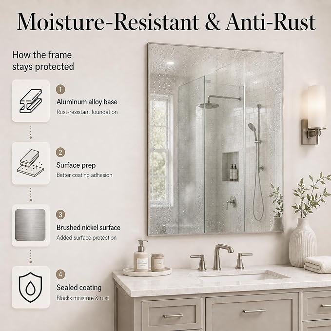 30"x36" Brushed Nickel Framed Rectangle Bathroom Vanity Wall Mirror | Over-Sink Vanity Mirror, Slim Metal Frame, Entryway or Dresser Use, Vertical/Horizontal Mount, Tempered Glass