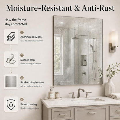 30"x36" Brushed Nickel Framed Rectangle Bathroom Vanity Wall Mirror | Over-Sink Vanity Mirror, Slim Metal Frame, Entryway or Dresser Use, Vertical/Horizontal Mount, Tempered Glass