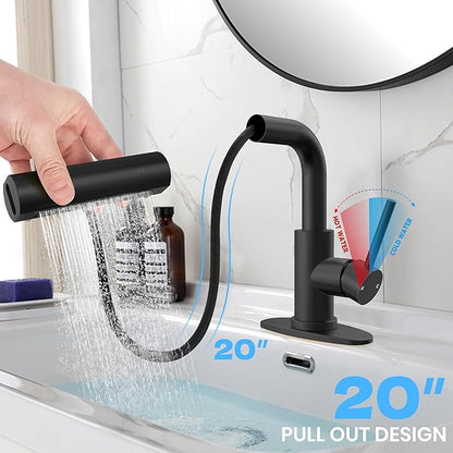 Matte Black Bathroom Sink Faucet with Pull Down Sprayer - 4 Mode Single Handle Vanity Faucet Waterfall Bathroom Faucet with Pull Down Sprayer (No Drain)