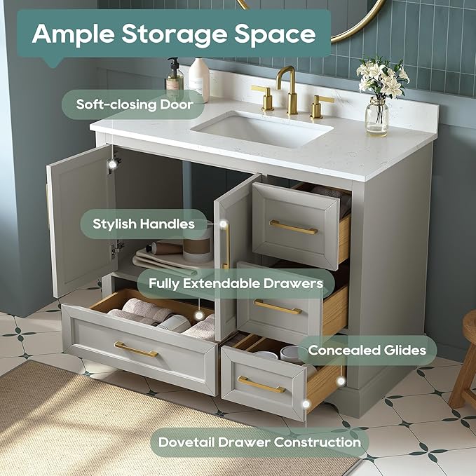 42 Inch Bathroom Vanity with Sink Combo, Solid Wood Frame with Stone Top & Backspalsh, Fully-Assembled with Soft-Closing Doors & 4 Drawers, Greige
