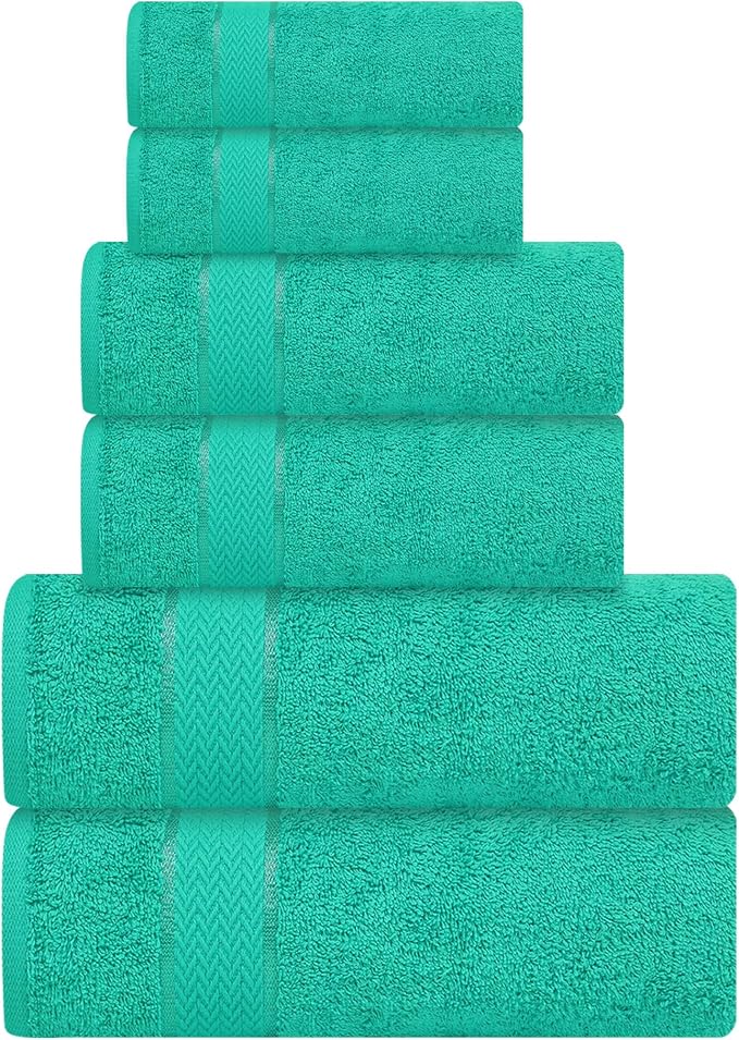 CRAFTBERRY- 6 Piece Cotton Bath Towel Set- 2 Bath - 2 Hand - 2 Face, Teal | 100% Cotton • Thick & Plush • Hotel Quality • Ultra Soft • Highly Absorbent • Quick Dry • Low Lint • Machine Washable