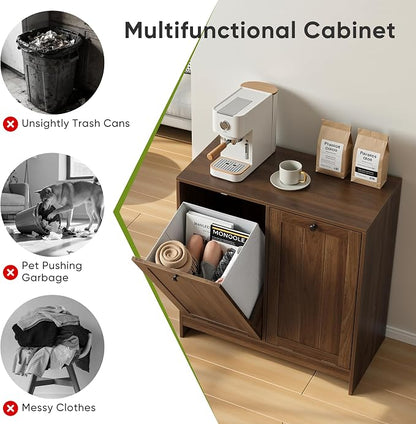 Smart FENDEE Double Tilt Out Laundry Hamper Cabinet, 11.8 Gallon Hidden Trash Cabinets with 2 Baskets for Kitchen, Freestanding Small Bathroom Storage Cabinet Unit, Walnut
