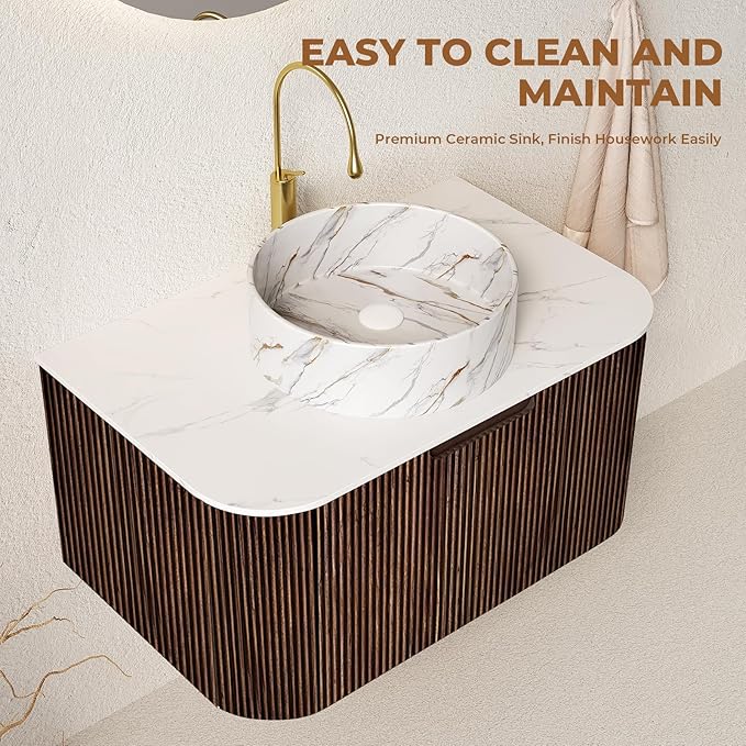 LKTART 30 Inch Floating Bathroom Vanity with Sink, Modern Wall Mounted Bathroom Storage Cabinet with Drawer, Stone Pattern Round White Ceramic Sink Top and Marble Texture Top, Walnut