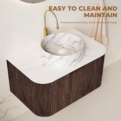 LKTART 30 Inch Floating Bathroom Vanity with Sink, Modern Wall Mounted Bathroom Storage Cabinet with Drawer, Stone Pattern Round White Ceramic Sink Top and Marble Texture Top, Walnut