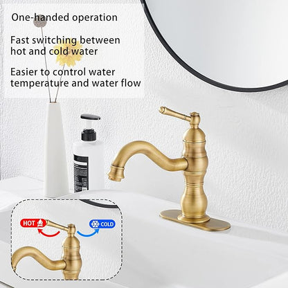 Antique Brass Bathroom Faucet GGStudy 360° Swivel Bathroom Vanity Faucet Single Handle One Hole Basin Matching Pop Up Drain with Overflow