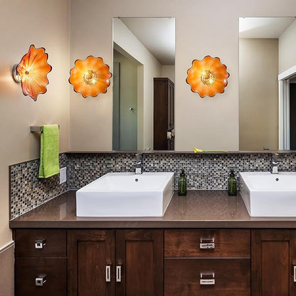 Amber Glass Wall Light Dia 12" Wall Lamp with Murano Glass Shade Vintage Vanity Lighting Fixture with Metal Base Flush Mount Wall Sconce 2-Light for Bathroom, Bedroom, Bedside, Entryway