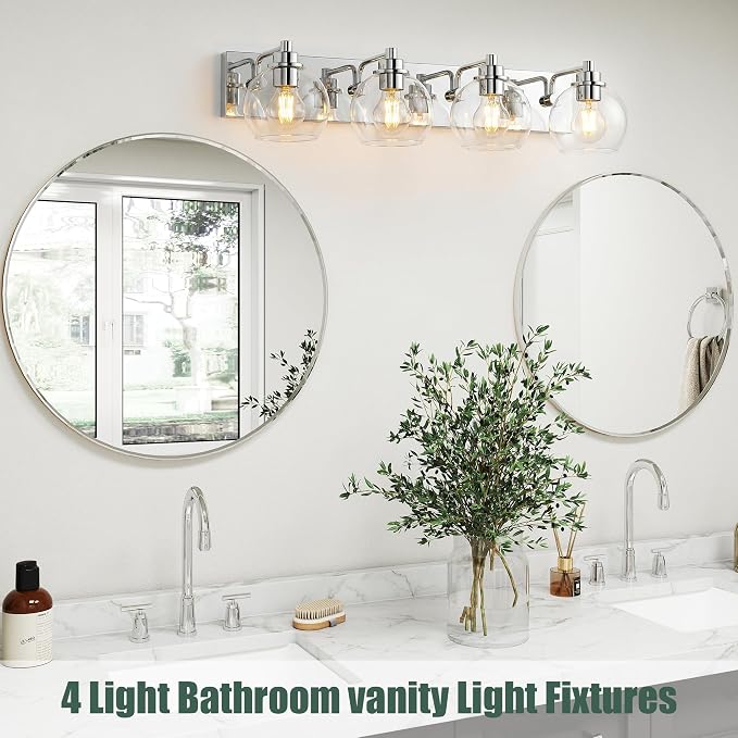 4 Light Bathroom Light Fixtures-Chrome Bathroom Vanity Lights, Modern Vanity Lights 4-Light Bathroom Lighting Fixtures Over Mirror with Clear Glass Globe Shade