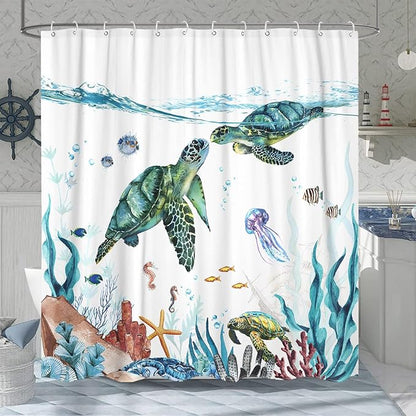 Fowocu Sea Turtle Extra Long Shower Curtain Teal Blue Ocean Waterproof Fabric Shower Curtains for Bathroom with Funny Animal Octopus Starfish Anchor Fish Nautical Bath Curtain Decor (Teal, 72''×78'')