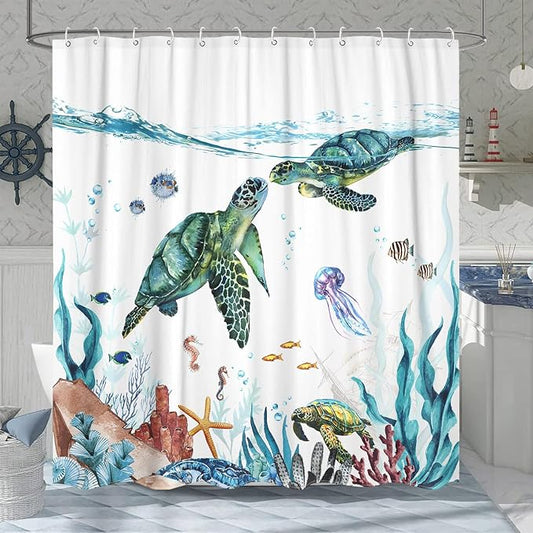 Fowocu Sea Turtle Extra Long Shower Curtain Teal Blue Ocean Waterproof Fabric Shower Curtains for Bathroom with Funny Animal Octopus Starfish Anchor Fish Nautical Bath Curtain Decor (Teal, 72''×78'')