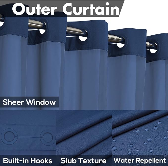 River Dream No Hook Long Shower Curtain with Snap-in Liner 71x80, Navy | Snap on/off Waterproof PEVA Liner, See Through Top Window, Slub Textured, Hotel Style Shower Curtain Set, 71W x 80H