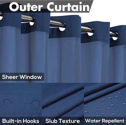 River Dream No Hook Long Shower Curtain with Snap-in Liner 71x80, Navy | Snap on/off Waterproof PEVA Liner, See Through Top Window, Slub Textured, Hotel Style Shower Curtain Set, 71W x 80H