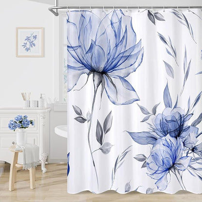 Dark Blue Boho Floral Shower Curtain, Watercolor Botanical Design, 72 x 84 | Boho Floral Design, Watercolor Ink Painting Style, Botanical Flowers & Leaves, Elegant Bathroom Accent, Fabric Cloth Curtain