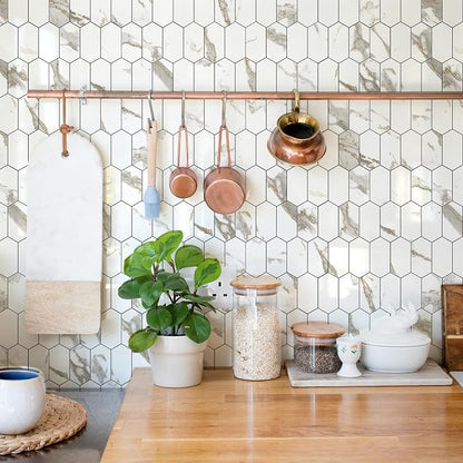 Vamos Tile Long Hexagon Peel and Stick Backsplash Tile - 10 Sheets Stick on Backsplash for Kitchen and Bathroom 12.4 x 12 Inch Glossy White Marble with Gold Veining PVC Self Adhesive Mosaic Wall Tiles