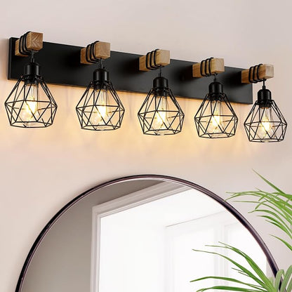 Farmhouse Vanity Light for Bathroom, 5-Light Wood Bathroom Vanity Light Fixtures Over Mirror, Rustic Sconces Wall Lighting with Metal Lampshade for Living Room, Bedroom, Hallway