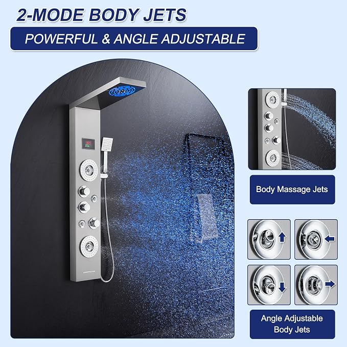 ROVATE 6-in-1 LED Rainfall Mist Shower Panel Tower System, Brushed Finish | Stainless Steel Shower Column with 2-Setting Massage Body Jets, Flexible Handheld, Tub Spout, Digital Temperature Display