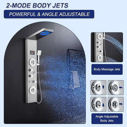 ROVATE 6-in-1 LED Rainfall Mist Shower Panel Tower System, Brushed Finish | Stainless Steel Shower Column with 2-Setting Massage Body Jets, Flexible Handheld, Tub Spout, Digital Temperature Display