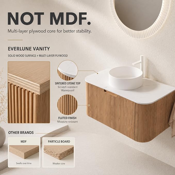 36 Inch Bathroom Vanity with Sink, Floating Wall Mounted Single Sink Vanity, Natural Woodgrain Curved Fluted Front, Stone Top, Pure White Round Vessel Basin, Pre-Assembled