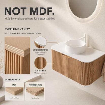 36 Inch Bathroom Vanity with Sink, Floating Wall Mounted Single Sink Vanity, Natural Woodgrain Curved Fluted Front, Stone Top, Pure White Round Vessel Basin, Pre-Assembled
