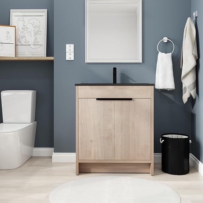SSLine 30-Inch Bathroom Vanity with Sink Mid-Century Bathroom Vanities with Black Top Basin Floor Wood Bathroom Sink Cabinet with Soft-Close Doors & Adjustable Storage Shelves (Light Oak)