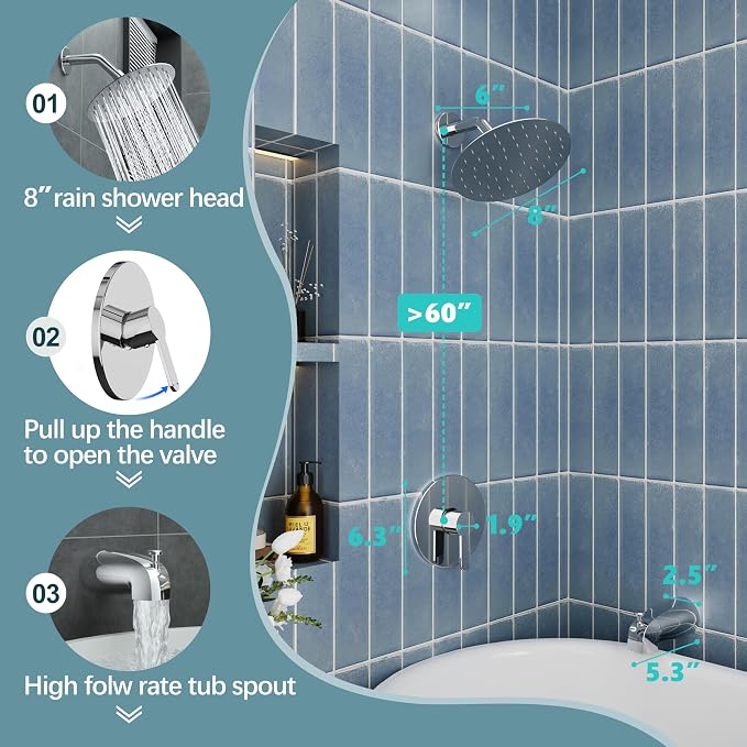 Tub Shower Faucet, Polished Chrome Shower Faucet Set with 8-Inch All-Metal Rainfall Showerhead and Bathtub Spout, Single-Handle Tub Shower-Trim Kit Included Valve, Polished Chrome