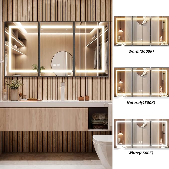 APRILSOUL 60x32 Inch Lighted Bathroom Medicine Cabinet with Mirror, Black Recessed or Surface Mount Medicine Cabinet Mirror with Storage and LED Lights, 3 Colors Temperature, Dimmable Light