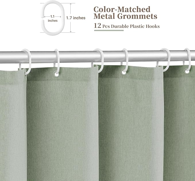 BTTN 84 Inch Scalloped Shower Curtain, Extra Long Boho Linen Textured Modern Cloth Shower Curtain Set with Hooks, Large Neutral Fancy Waterproof Fabric Shower Curtains for Bathroom - Sage Green