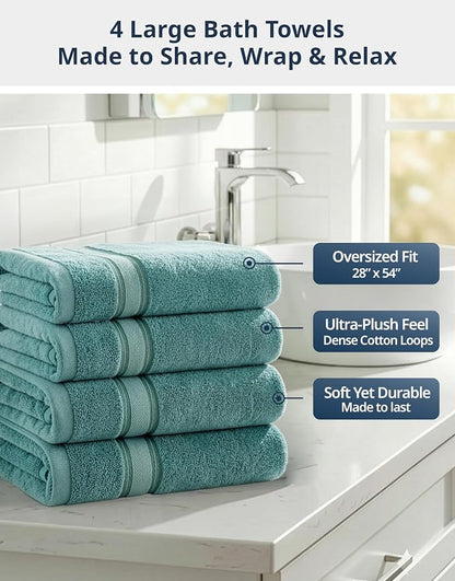 LANE LINEN Bath Towel Set Absorbent Quick Dry 100% Cotton 4 Piece - Teal | Set Of Towels - OEKO-TEX Certified, Zero-Twist Durability, Zero-Twist Cotton, Terry Weave Comfort, Long-Lasting Comfort
