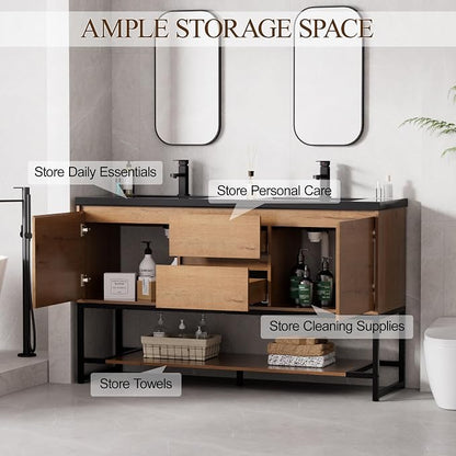 LUCKWIND 60" Modern Bathroom Vanity with Dual Black Sink Combo, Freestanding Storage Cabinet with Metal Frame, Water-Saving Faucet and Open Shelf and 2 Soft-Closing Door, Natural