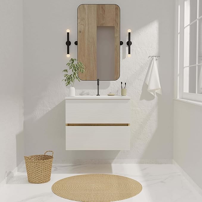 24'' Floating Bathroom with Sink Combo, Modern Bathroom Cabinet with 2-Soft Close & Large Storage Drawers, for Small Space, Apartment, Hotel, White and Natural (Already Assembled)