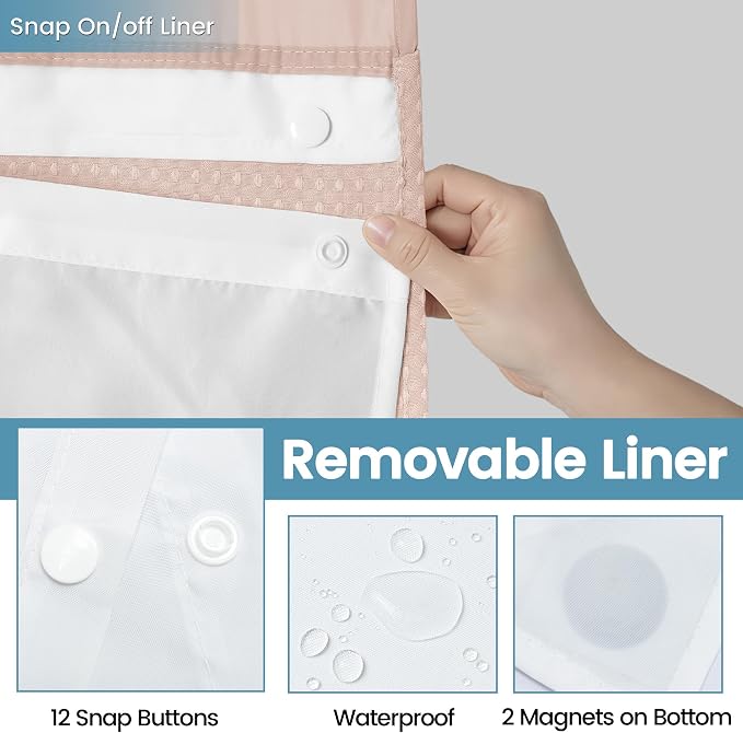 EUTXL Heavyweight Blush Pink No Hook Shower Curtain with Snap in Liner,256GSM Waffle Weave Shower Curtains for Bathroom,71W x 74H
