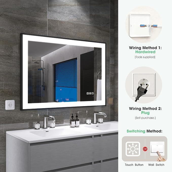 S·BAGNO 40" x 28" LED Bathroom Mirror with Black Frame, Led Mirror for Bathroom, Built in Bluetooth Speaker, Dimmable Brightness, Color Changing, Anti-Fog, Horizontally/Vertically