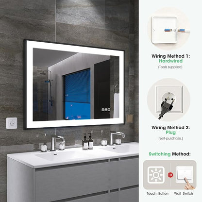S·BAGNO 40" x 28" LED Bathroom Mirror with Black Frame, Led Mirror for Bathroom, Built in Bluetooth Speaker, Dimmable Brightness, Color Changing, Anti-Fog, Horizontally/Vertically
