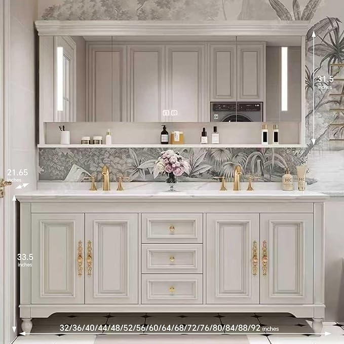 American Minimalist Bathroom Vanity with Sink Mirror 36-92IN, Premium Solid Wood Vanity with LED Lighting& Defogging
