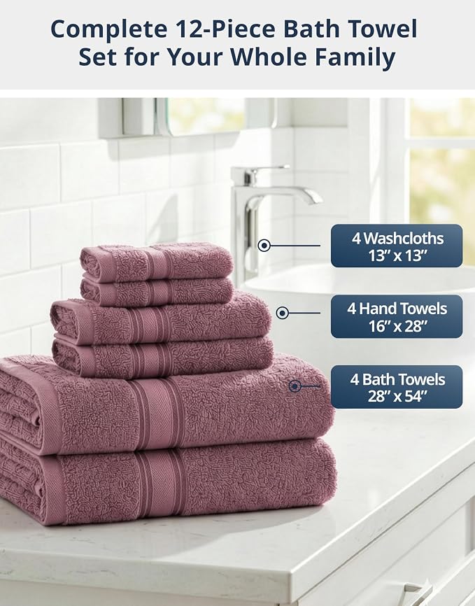 LANE LINEN Bath Towel Set 100% Cotton 12 Piece Soft - Wishful Mauve | Cotton Towel Set - Densely Woven, Coordinated Colors, Dobby Border Accent, OEKO-TEX Certified, Zero-Twist Durability