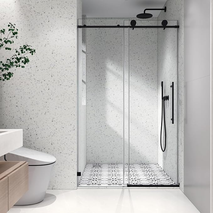 43"-48" Wx 76" H Frameless Single Sliding Shower Door with Adjustable Soft Closing Design and 70MM 304 Large Pulleys,Glass Shower Door W/Explosion-Proof Film Nano Coating,Matte Black