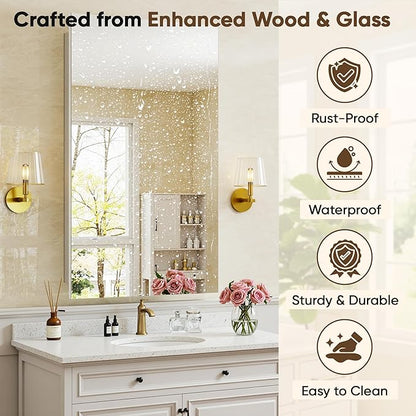 Antok 16x25 Inch Medicine Cabinet with Mirror, Wall Mounted Bathroom Mirror Cabinet, Wooden Medicine Cabinet Mirror, Recessed or Surface, White