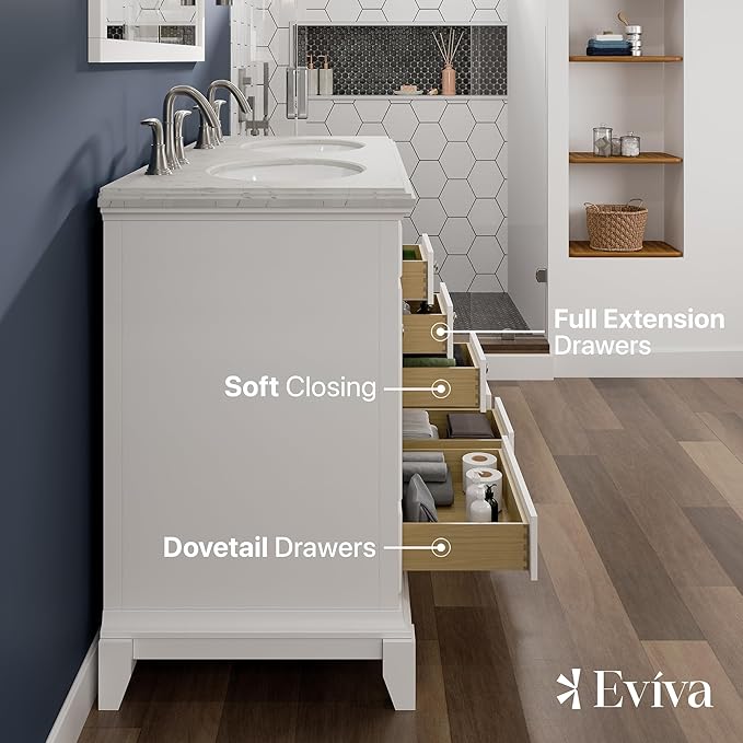 Eviva Elite Stamford 48 in. White Double Sink Bath Vanity with Carrara Quartz Top