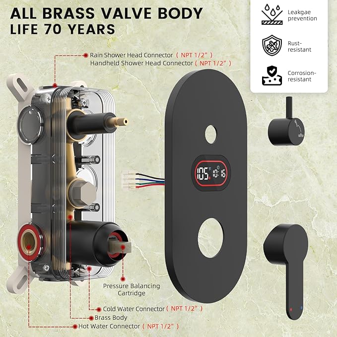 Round Shower Faucet Set with Hydro Power Temperature Display, Shower System Bathroom 10 Inch Shower Head with Handheld Spray, Wall Mounted Shower Fixtures with Shower Valve and Trim Kit, Matte Black