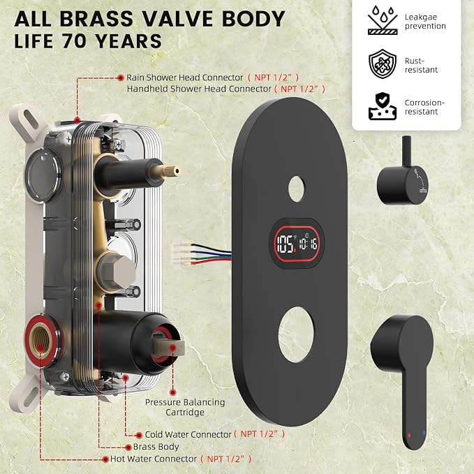 Longriver Round Shower Faucet Set with Hydro Power Temperature Display | Shower System 12" Shower Head with Handheld Spray, Wall Mounted Shower Fixtures with Shower Valve and Trim Kit, Matte Black