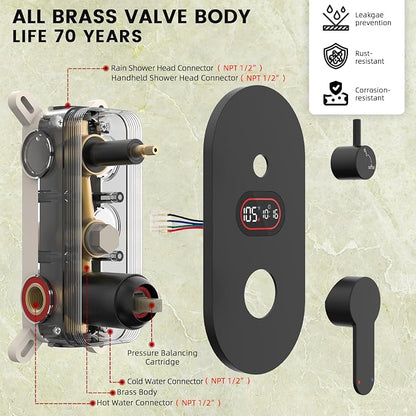 Longriver Round Shower Faucet Set with Hydro Power Temperature Display | Shower System 12" Shower Head with Handheld Spray, Wall Mounted Shower Fixtures with Shower Valve and Trim Kit, Matte Black