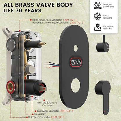 Round Shower Faucet Set with Hydro Power Temperature Display, Shower System Bathroom 12 Inch Shower Head with Handheld Spray, Wall Mounted Shower Fixtures with Shower Valve and Trim Kit, Matte Black