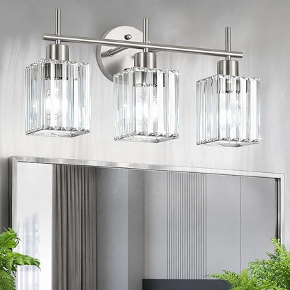 Brushed Nickel Bathroom Light Fixtures, Square, 3-Light | Vanity Lights with Crystal Shades, Modern Bathroom Lighting Fixtures over Mirror (Bulbs Not Included, E26)