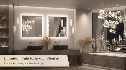 Keonjinn 36"x36" Square LED Mirror for Bathroom, HD Glass with Beveled Edge | Auto-OFF Defogging, Dimmable 3 Color Lights, Hardwired/Plug in, Effortless French Cleat Installation, Backlit Mirror Bathroom