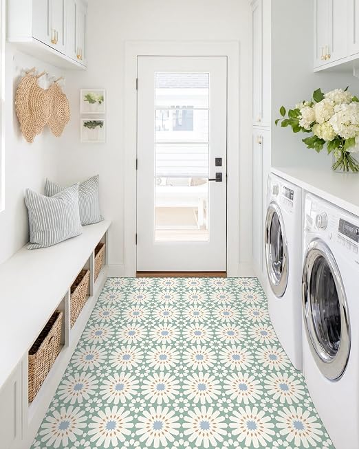 MORCART 20PCS 7.87" x 7.87" Peel and Stick Floor Tile,Aqua Mist Floral Look | Self-Adhesive DIY Vinyl Flooring, Removable and Waterproof Tile Sticker for Bathroom, Kitchen, Wall, Bedroom, Stairs