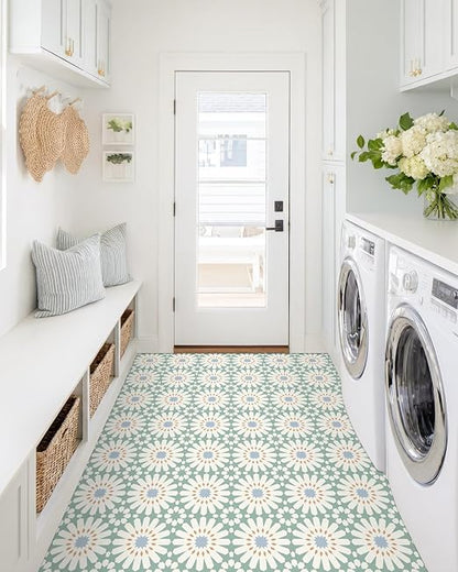 MORCART 20PCS 7.87" x 7.87" Peel and Stick Floor Tile,Aqua Mist Floral Look | Self-Adhesive DIY Vinyl Flooring, Removable and Waterproof Tile Sticker for Bathroom, Kitchen, Wall, Bedroom, Stairs