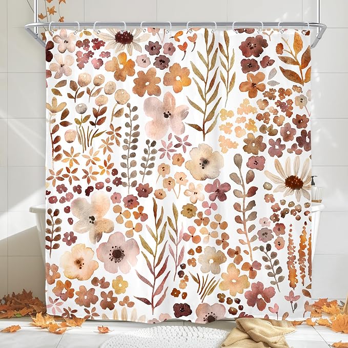 Fall Autumn Cute Floral Flower Nature Rustic Bathroom Shower Curtain Set | 72"W x 72"H Watercolor Botanical; waterproof HD print, quick-dry fabric with 12 hooks for easy hanging.