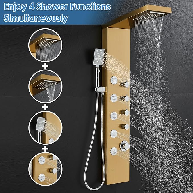 ROVOGO Gold Shower Panel Tower System with 4 Simultaneous Functions: Rainfall, Waterfall, Body Jets and Handheld, 304 Stainless Steel Shower Column Wall-Mount